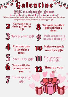 valentine's day gift exchange game with pink hearts and red bow on it,