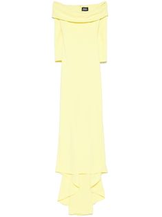 lemon yellow cady texture concealed rear zip fastening off-shoulder Bardot neckline long sleeves fitted waistline fishtail train floor-length Gown Yellow, Wide Leg Jeans Cropped, Yellow Gown, Solace London, Bardot Neckline, Off Shoulder Gown, Texture Fabric, Long Sleeve Evening Dresses, Versace Outfit