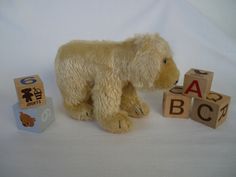 a stuffed bear and blocks on a white background