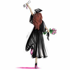 a drawing of a woman in graduation gown holding flowers and a mortaron with one hand