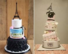 two cakes made to look like the eiffel tower, one is stacked on top of each other