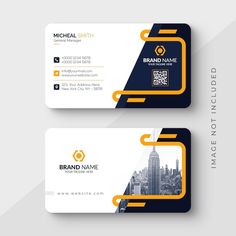 two business cards with an orange and black color scheme on the front, back and sides