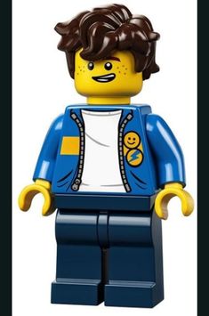 the lego man is wearing a blue jacket and white t - shirt with brown hair