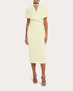 Safiyaa Flora Crepe Midi Dress | OLIVELA Formal Structured Crepe Dress, Elegant Workwear Dresses With Cape Sleeves, Chic Structured Crepe Dress, Pre-draped Sheath Midi Dress For Formal Occasions, Formal Pre-draped Sheath Midi Dress, Elegant Crepe Dress With Cape Sleeves, Formal Sheath Midi Dress In Crepe, Drape Top, Flora Dress