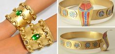 four different pictures of gold bracelets with green stones and designs on them, including an elephant