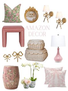 a collage of pink and gold items including a lamp, chair, table with flowers on it