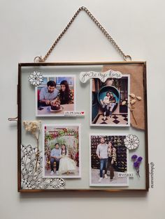 a wall hanging with pictures and flowers on it's side, attached to a chain