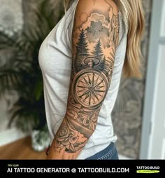 a woman with a tattoo on her arm is holding a compass and trees in the background