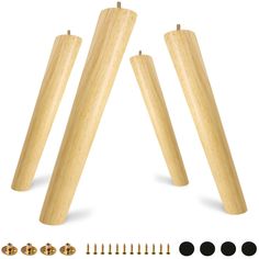 three wooden dowels and screws are shown in the image, including one with four holes