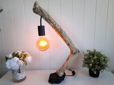 a lamp that is on top of a table next to flowers and a potted plant