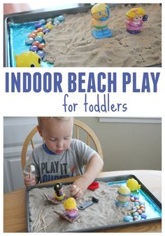 an indoor beach play for toddlers with toys in the sand and on the table