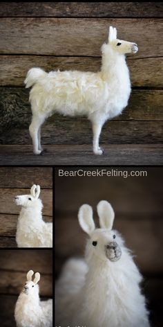 three photos of stuffed llamas in different stages of being posed and then put together