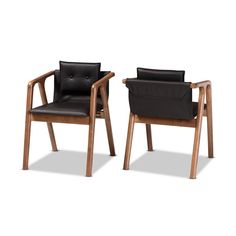 two black leather chairs side by side on a white background, one with a wooden frame and the other without