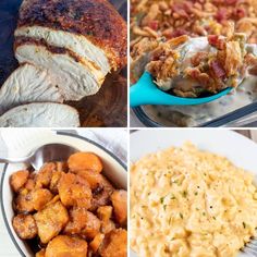 four different pictures with chicken, macaroni and cheese