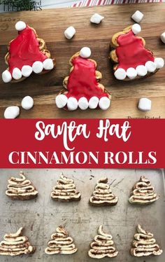 santa hat cinnamon rolls on a baking sheet