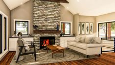 a living room filled with furniture and a fire place in the middle of an open floor plan