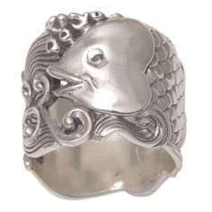 Sterling Silver Fish-Themed Band Ring from Bali - Guardian Koi | NOVICA Fish Ring, Single Stone Ring, Rings Sterling Silver, Silver Fish, Sterling Silver Rings Bands, Fishing Theme, Band Jewelry, Silver Band Ring, Sterling Silver Bands