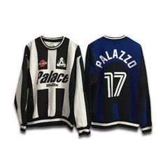 two black and white striped sweaters with the word palace on them, one in blue and