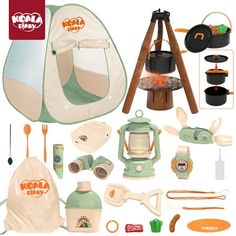 an assortment of camping items including a tent and stove