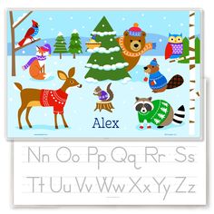 Image showing front and back of a Personalized place mat for kids with woodland animals in a winter scene. Animals are wearing sweaters and knit hats.  Child&#39;s name is at the bottom center.  Reverse has alphabet letters for tracing. Cozy Critters, Placemats Kids, Washable Markers, Upper And Lowercase Letters, Winter Animals, Unique Names, Woodland Creatures, Unique Christmas Gifts, Christmas Gifts For Kids