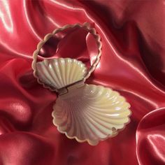 a shell shaped object sitting on top of a red satin covered table cloth with it's lid open