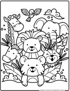 a coloring page with animals and leaves