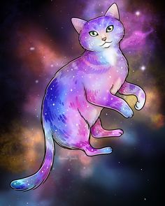 a colorful cat sitting on its hind legs in the air with stars and galaxy in the background