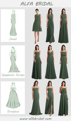 different types of bridesmaid dresses in various styles and colors, with the names below them