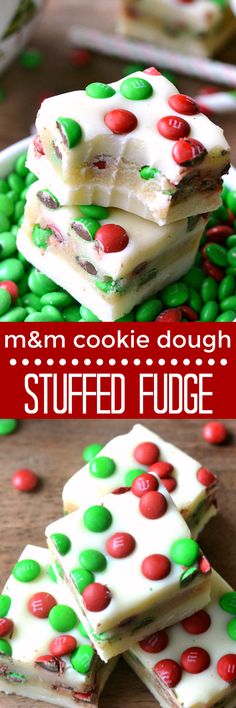 christmas cookie dough is stacked on top of green and red candies with white frosting