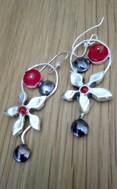 Single Red Sterling Silver Earring, Red Sterling Silver Earrings For Pierced Ears, Red Flower Drop Earrings, Red Sterling Silver Pierced Earrings, Red Bohemian Drop Flower Earrings, Red Metal Dangle Earrings, Red Round Flower Earrings With Ear Wire, Red Flower Earrings For Pierced Ears, Handmade Fusion Earrings