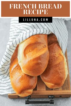 homemade french bread on a cutting board with text overlay