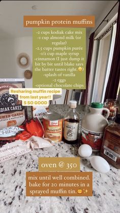 ingredients to make pumpkin muffins on a kitchen counter top with text overlay