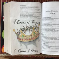 an open book with a drawing of a crown on the cover and text that reads, the crown of thorns