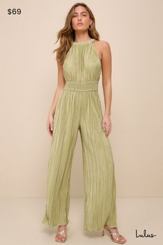 Shake up your event-ready looks with a picture-perfect outfit like the Lulus Flawless Mindset Lime Green Satin Plisse Tie-Back Jumpsuit! Plisse-pleated woven satin shapes this elevated jumpsuit with a modified halter neckline (with back loop-button closures) and a fitted bodice with a smocked, banded waist. Relaxed, wide pant legs end at full length hems. Turn around to reveal a back cutout with a tying sash bow for an extra-femme finish! Elastic at back. Fit: This garment fits true to size. Len Elegant Stretch Jumpsuit For Spring, Elegant Stretch Jumpsuits And Rompers For Spring, Glamorous Halter Neck Jumpsuits And Rompers, Glamorous Halter Neck Jumpsuit, Green Summer Evening Jumpsuits And Rompers, Summer Evening Fitted Jumpsuits And Rompers, Spring Evening One-piece Jumpsuits And Rompers, Fitted Glamorous Jumpsuits And Rompers For Summer, Elegant Green Spring Jumpsuits And Rompers