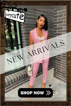 Elegant Ol Sleeveless Blazer Full Pants Suit Chic Pink Vest For Workwear, Fitted Sleeveless Pantsuit For Spring, Fitted Sleeveless Spring Pantsuit, Sleeveless Fitted Spring Pantsuit, Chic Pink Sleeveless Set, Chic Sleeveless Set For Night Out, Casual Sleeveless Pantsuit For Party, Sleeveless Pink Pantsuit For Spring, Chic Sleeveless Pink Pantsuit