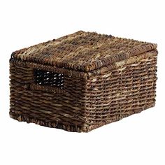 a brown wicker basket with handles on the top and bottom, sitting in front of a white background