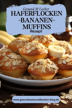 some muffins are on a plate with bananas and other ingredients in the background