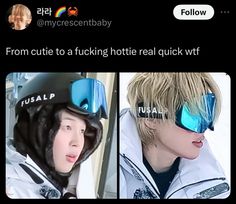 two people wearing ski goggles and helmets with the caption from an instagram