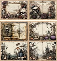 a set of four frames with skulls and pumpkins on them, all decorated in different styles