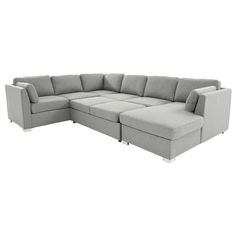 a gray sectional couch with two recliners on the back and one end facing it