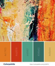 an abstract painting with orange, green and yellow colors in the center is a color palette