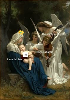 a painting with angels playing violin and an angel holding a baby in it's lap