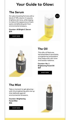 an email page with the words, your guide to glow on it and several different products