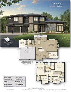 two story house plan with 3 car garages and 2 master suites in the front