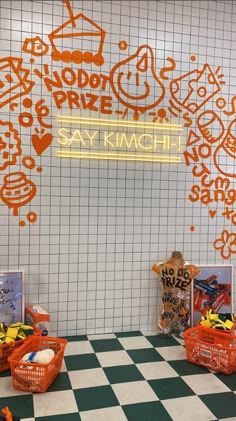 an orange and white checkered floor in a children's playroom