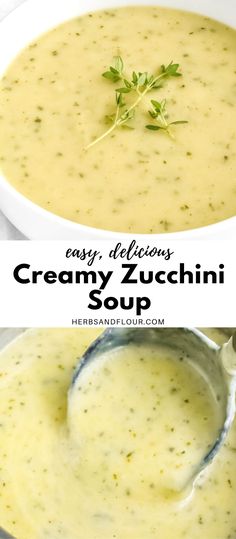 creamy zucchini soup in a white bowl with a spoon