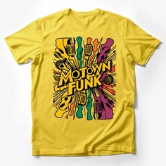 Vibrant Motown Funk T-Shirt, Colorful Music Theme, Retro Style Graphic Tee, Unisex Male T-Shirt Custom graphic T-Shirt.Customize your color Pop Culture Graphic Print T-shirt For Concert, Hip Hop Graphic T-shirt For Music Festivals, Fun Short Sleeve T-shirt For Music Festival, Music-themed Graphic T-shirt For Fans, Pop Culture Short Sleeve T-shirt For Concert, Pop Culture Tops For Music Festivals, Multicolor Hip Hop Graphic T-shirt, Multicolor Graphic Print Hip Hop T-shirt, Hip Hop Yellow T-shirt With Graphic Print