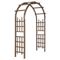 an arch made out of wood with lattices on the top and bottom, against a white background