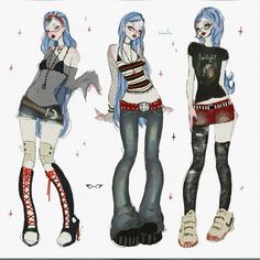 three girls with blue hair are standing next to each other and one is wearing boots