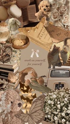 a collage of pictures with teddy bears, flowers, and other things in them